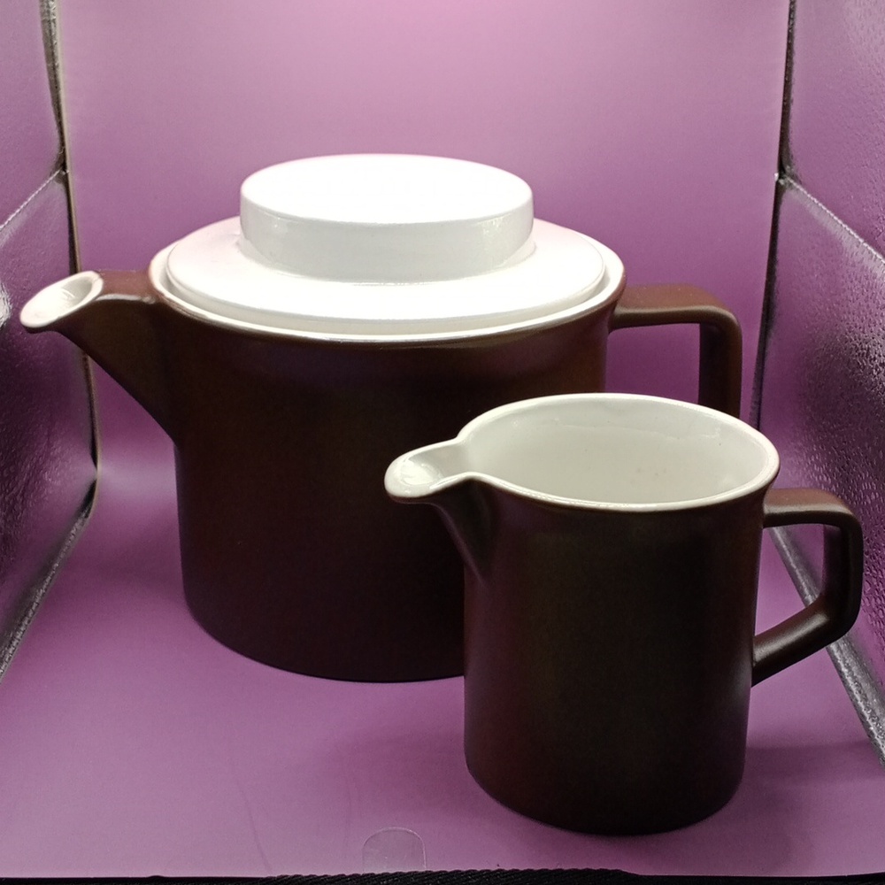 Antique,are two small chips, Brown and White Ceramic Teapot